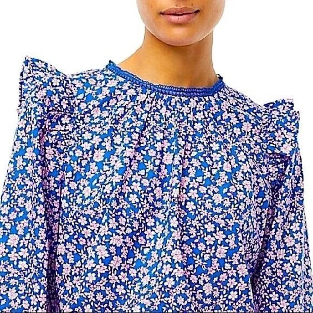 J Crew Womens Ruffle Shoulder Top S Blue Pink Floral Cotton Cottagecore Blouse